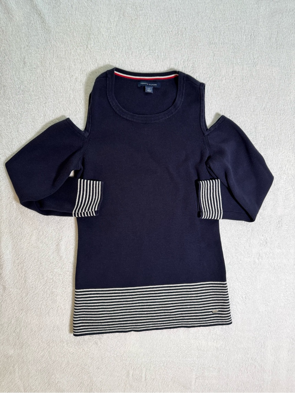 Tommy Hilfiger Navy Cold-Shoulder Sweater with Striped Trim